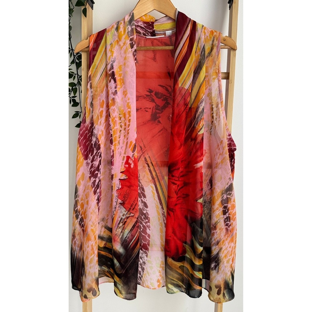 Susan Graver Women Red Pink Abstract Floral Animal Print Chiffon Open Front Vest